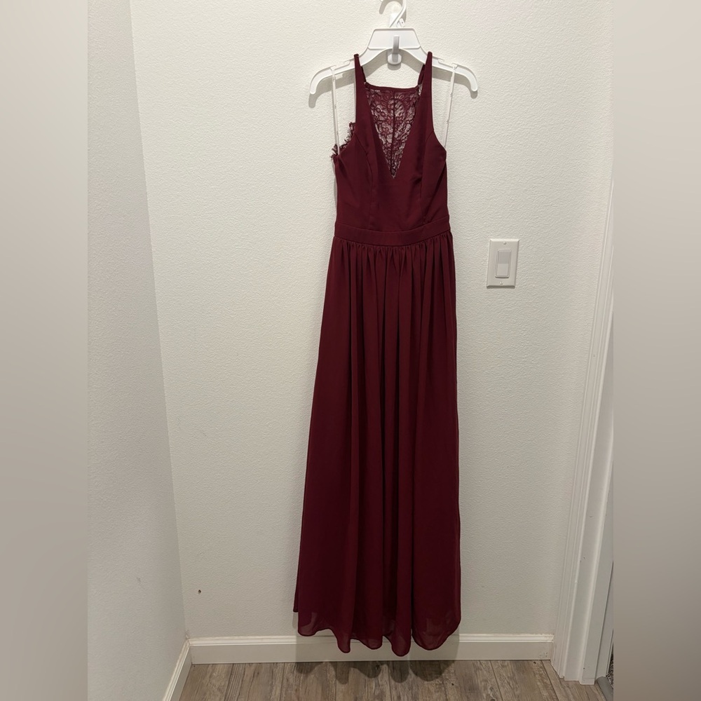 Lulus Dress Burgundy Love Spell Lace Back Maxi Dress Size XS